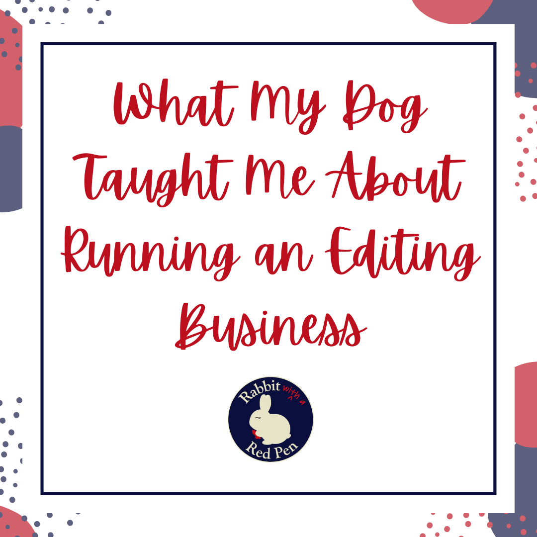 A red, white, gray, and blue graphic that says "What My Dog Taught Me about Running an Editing Business"