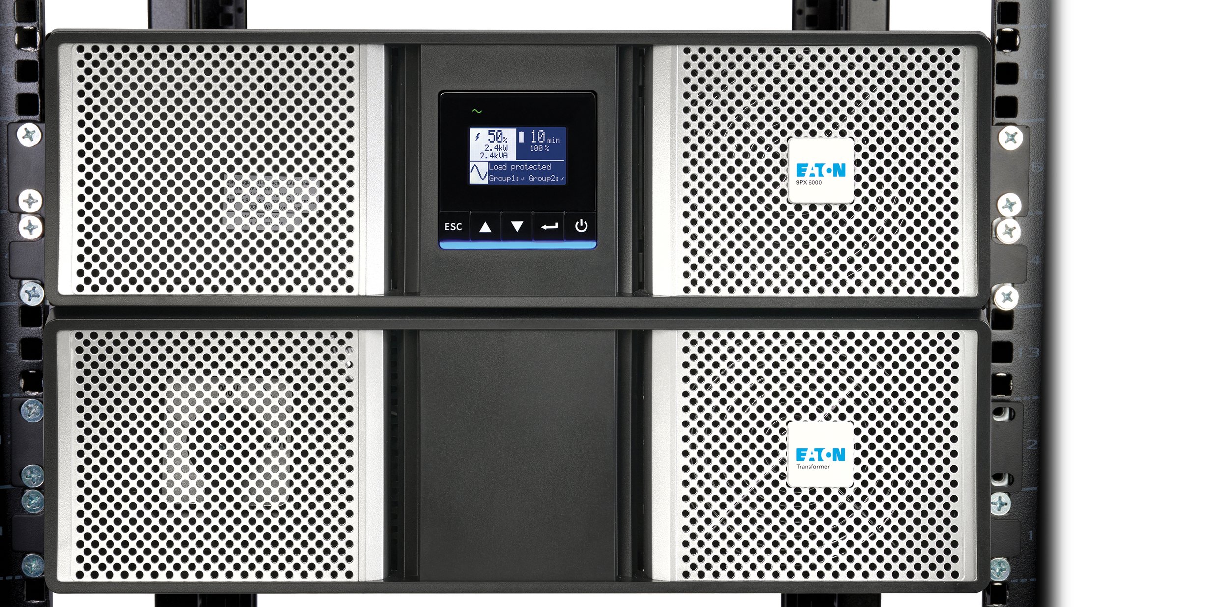 A UPS in a rack with two Eaton-brand units, each with perforated metal covers, and a small control panel on top showing system information.