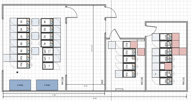 Floor plan of a facility with multiple labeled rooms, workspaces, and storage areas, including areas marked with shaded patterns and two labeled large blue sections.