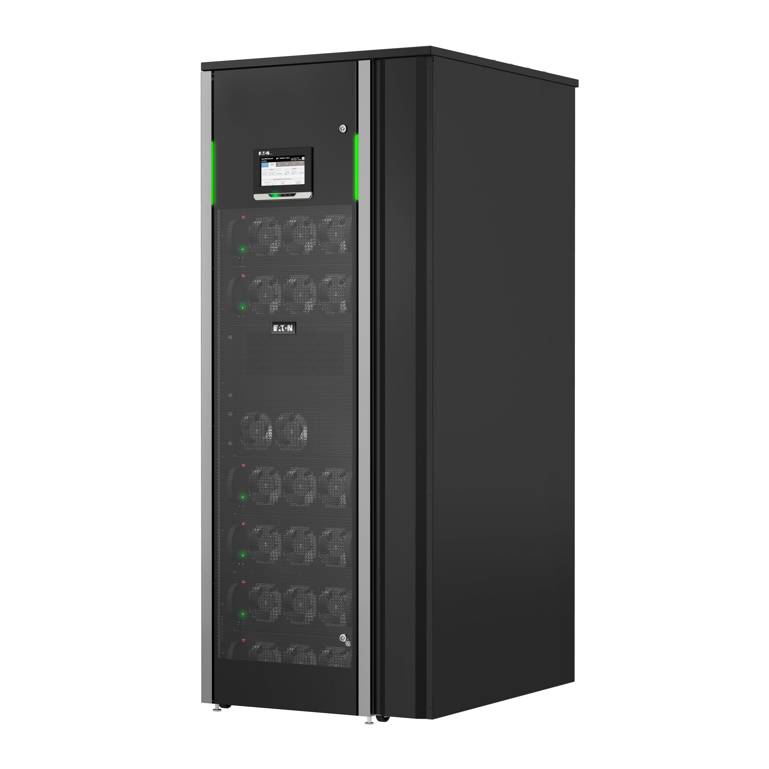 Black three phase UPS in a rack with a digital control panel and multiple cooling fans with green and red indicator lights.