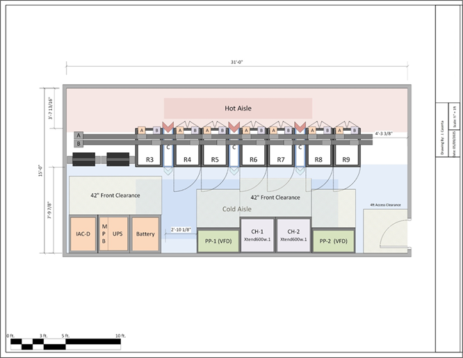 Technical equipment layout with hot and cold aisles, server racks labeled R3 to R9, storage units, batteries, and clearance zones in a data center design.