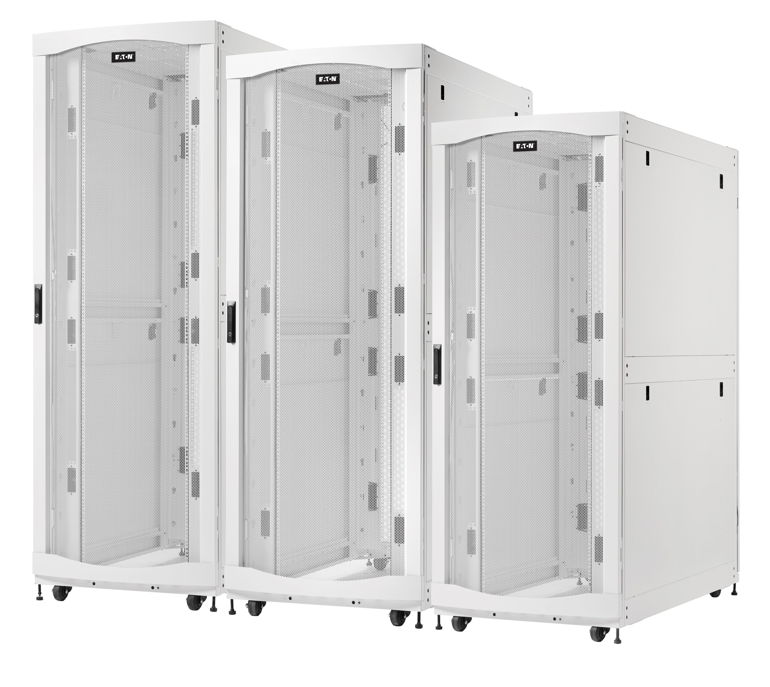 Three high density white server racks with perforated doors on wheels.