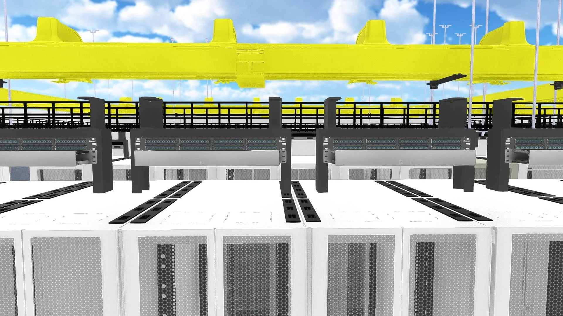 3D rendering of data center with racks, cable and fiber tray