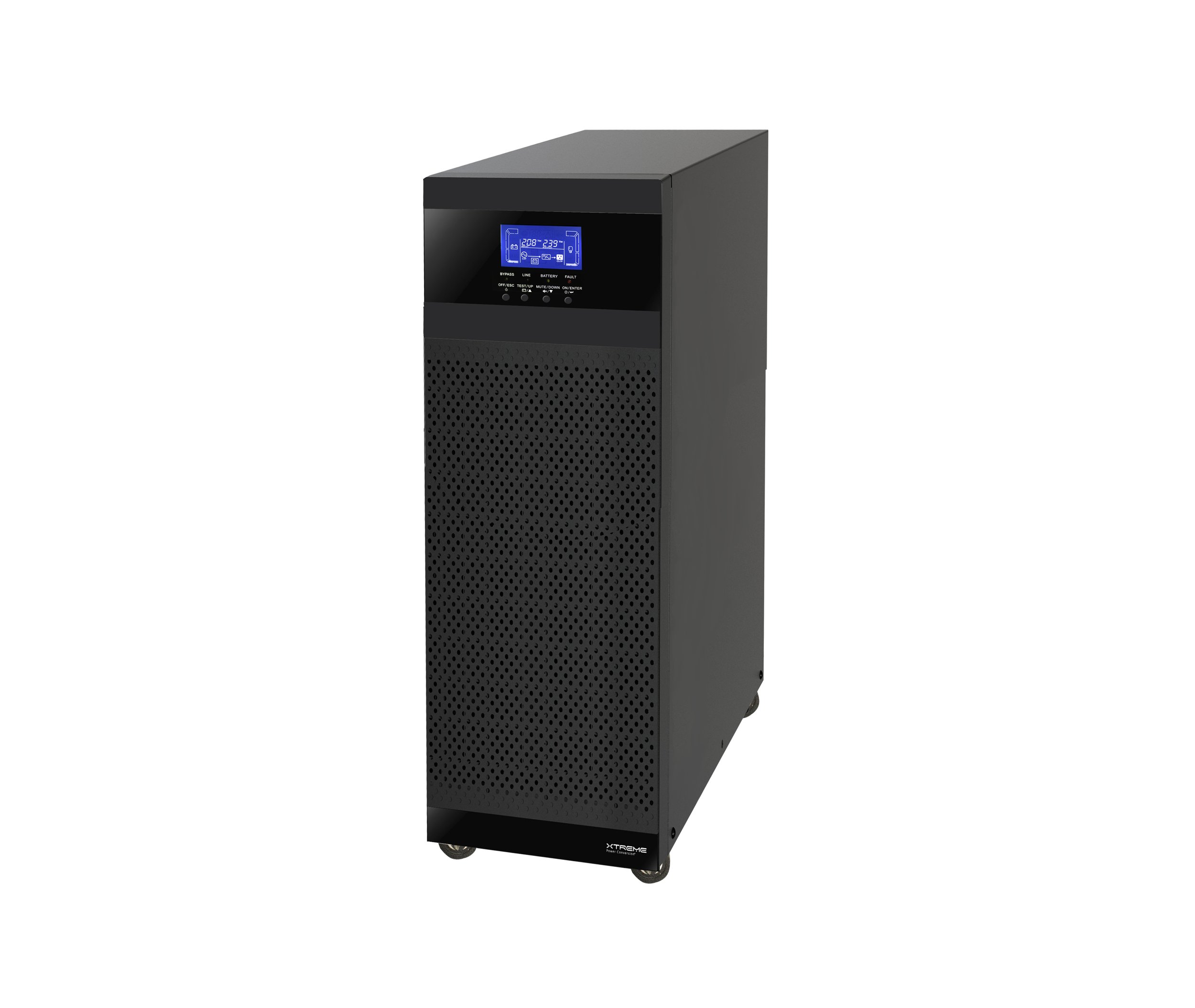Extreme Power Conversion black UPS tower with isolation transformer, digital display and control buttons at the top