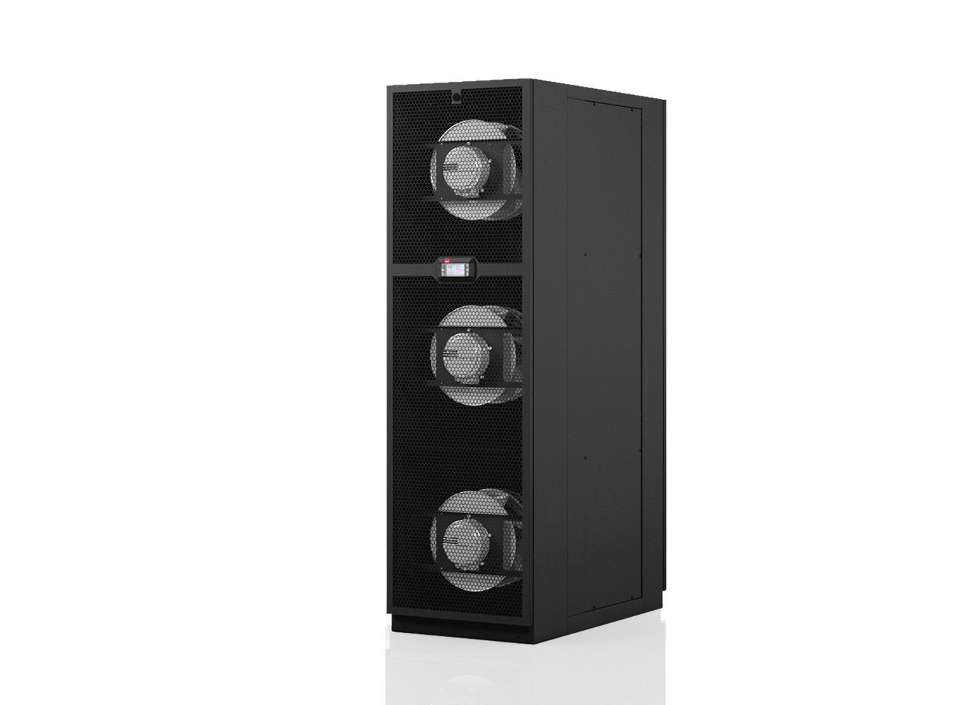 Black InRow cooling unit with three large cooling fans visible behind a perforated metal door.