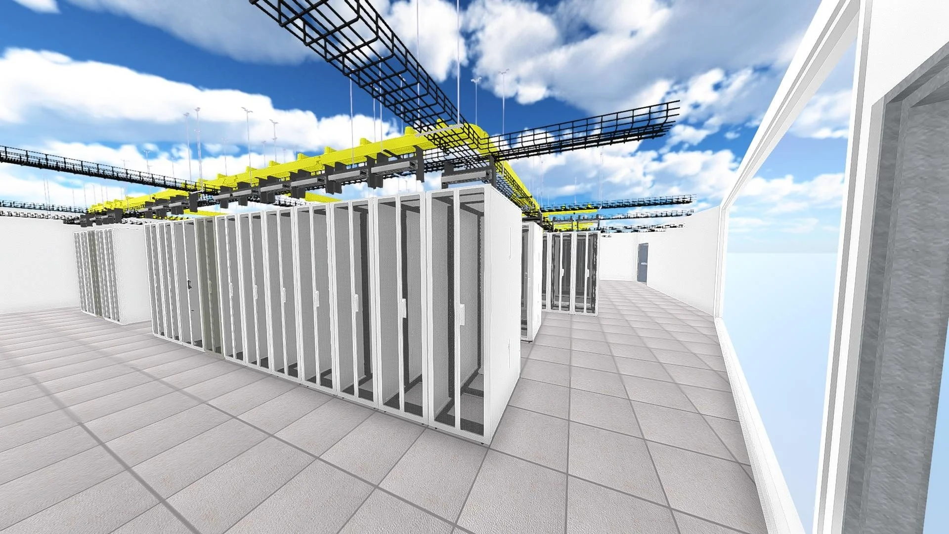 3D rendering of data center with racks, cable and fiber tray