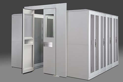 Thermal Containment solution w/ two rows of white server racks with glass doors and ventilation panels.