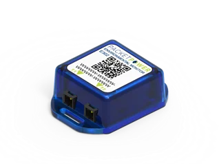A small blue wireless environmental monitoring sensor with a QR code and label on top. Two front ports for additional sensors are visible.