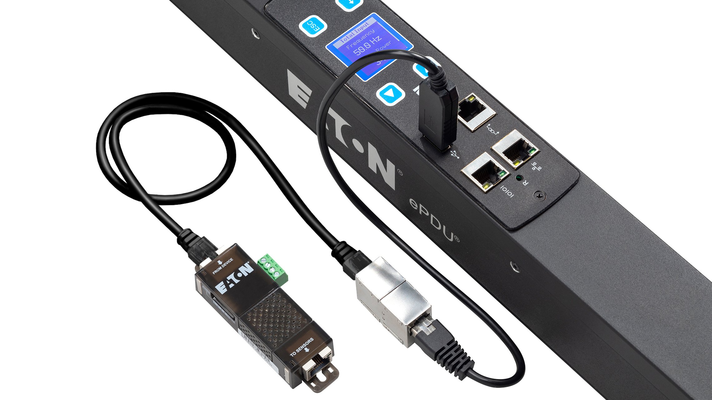 Eaton environmental monitoring sensor with connection ports and labels connected to an ePDU power distribution unit.