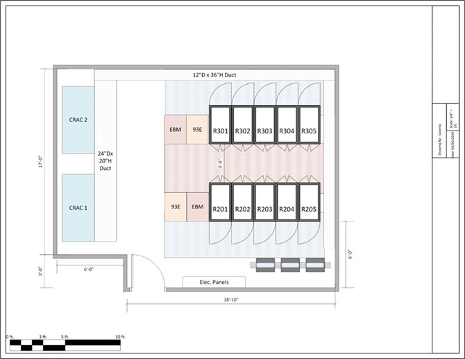 Data center room layout with two CRAC units, labeled rack rooms R201 to R205, and electrical panels.