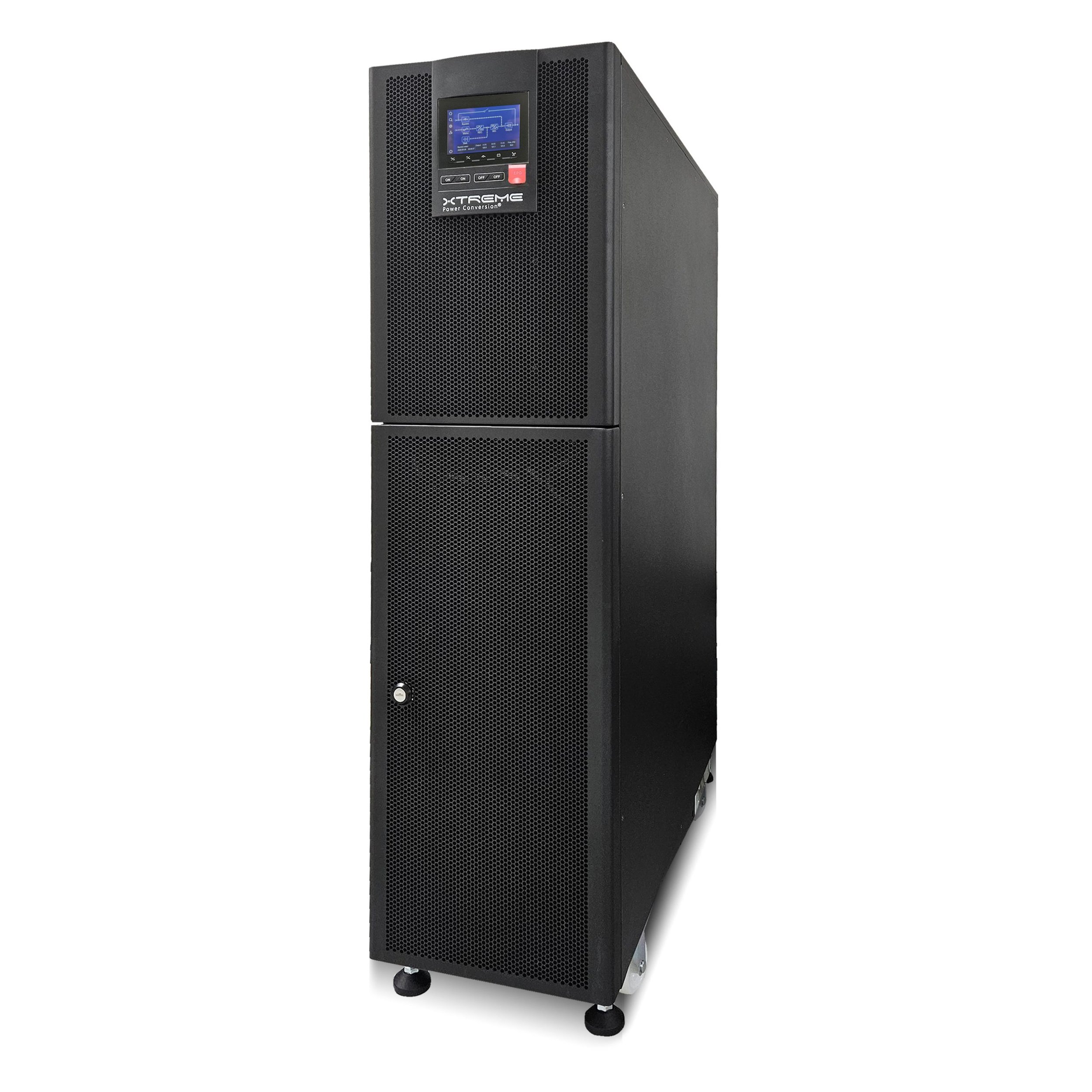 Tall black UPS or uninterruptible power supply unit with a small digital display and control buttons on the top front panel.