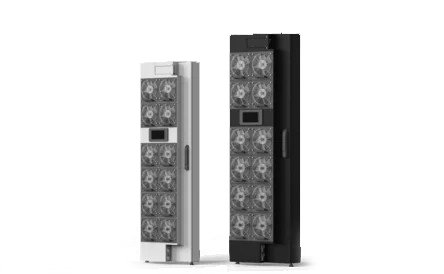 Two modern Rear Door Heat Exchangers, one in white and one in black, with multiple vents and a digital display on the front.