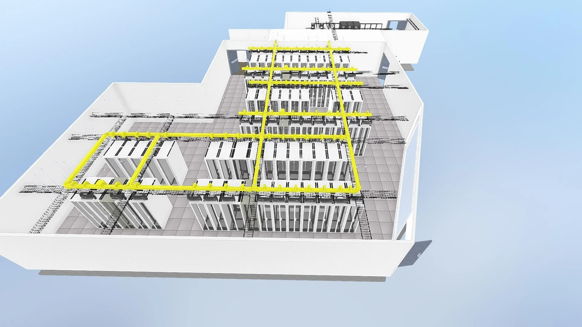 3D rendering of data center with racks, cable and fiber tray