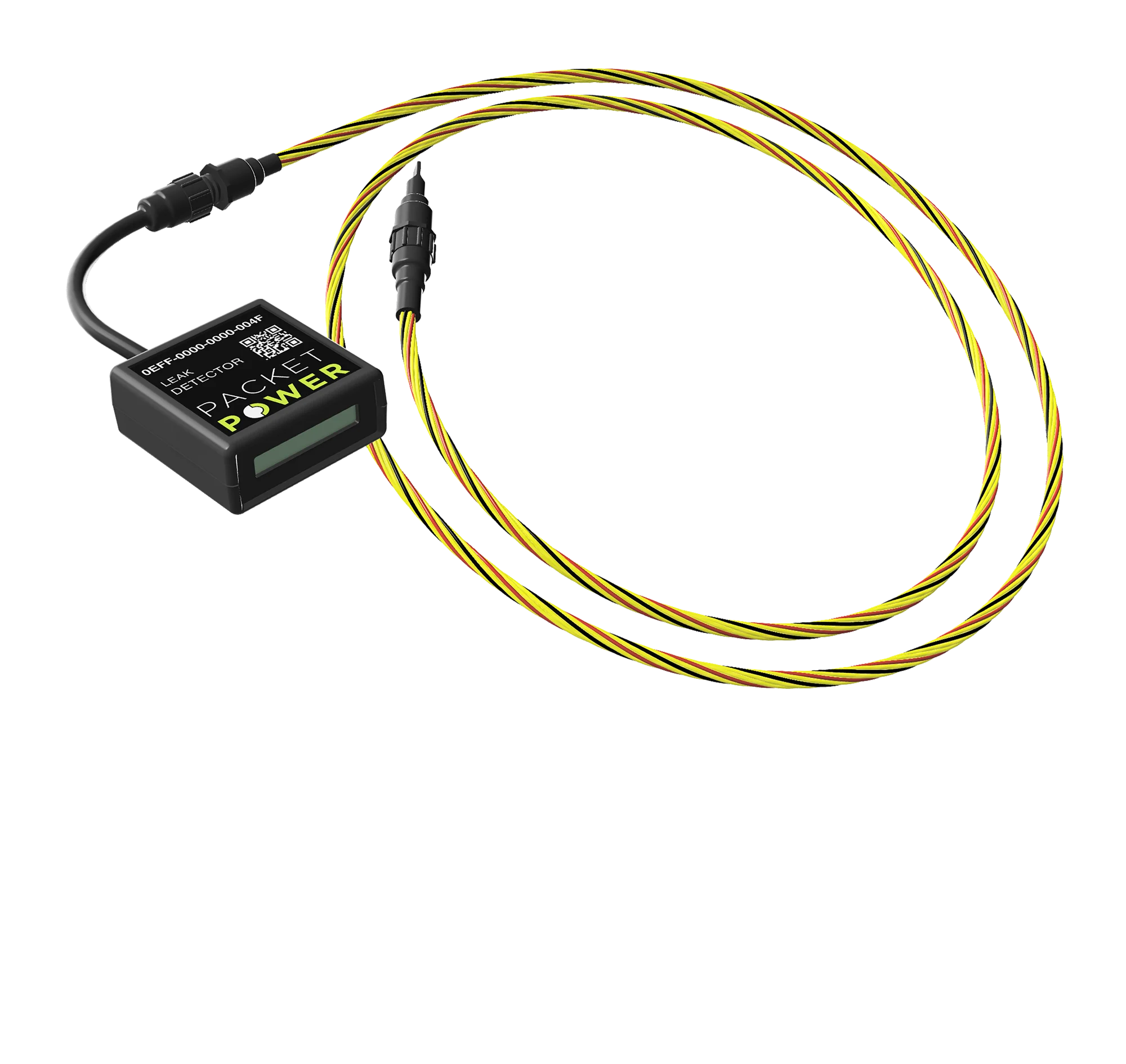 A black leak detector device connected to multicolored wires, used for detecting leaks in systems.