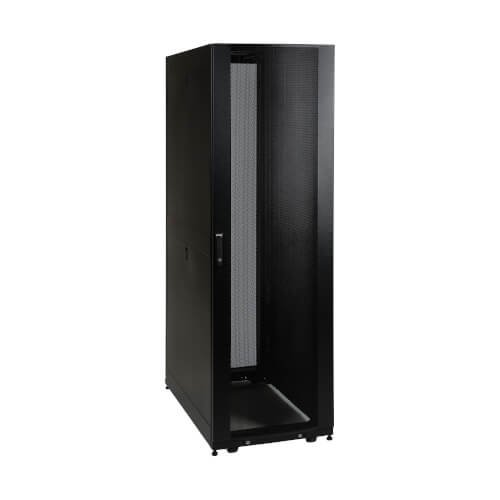 Black empty server cabinet with a perforated door
