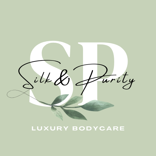 Logo for Silk & Purity luxury bodycare featuring large initials 'S' and 'P', with a green leaf graphic and elegant script font.