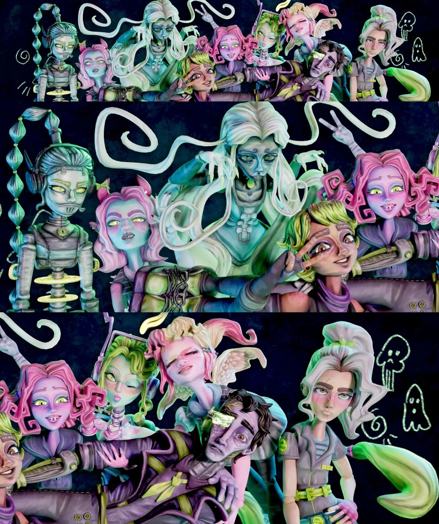 ROLL CALL !!!!!! guys .. it&rsquo;s seriously so crazy to see all my dolls hanging out together. this is an animator&rsquo;s dream. @katielimentato is their shared mother - she rigged and animated literally all of these guys. man i love animation ! i