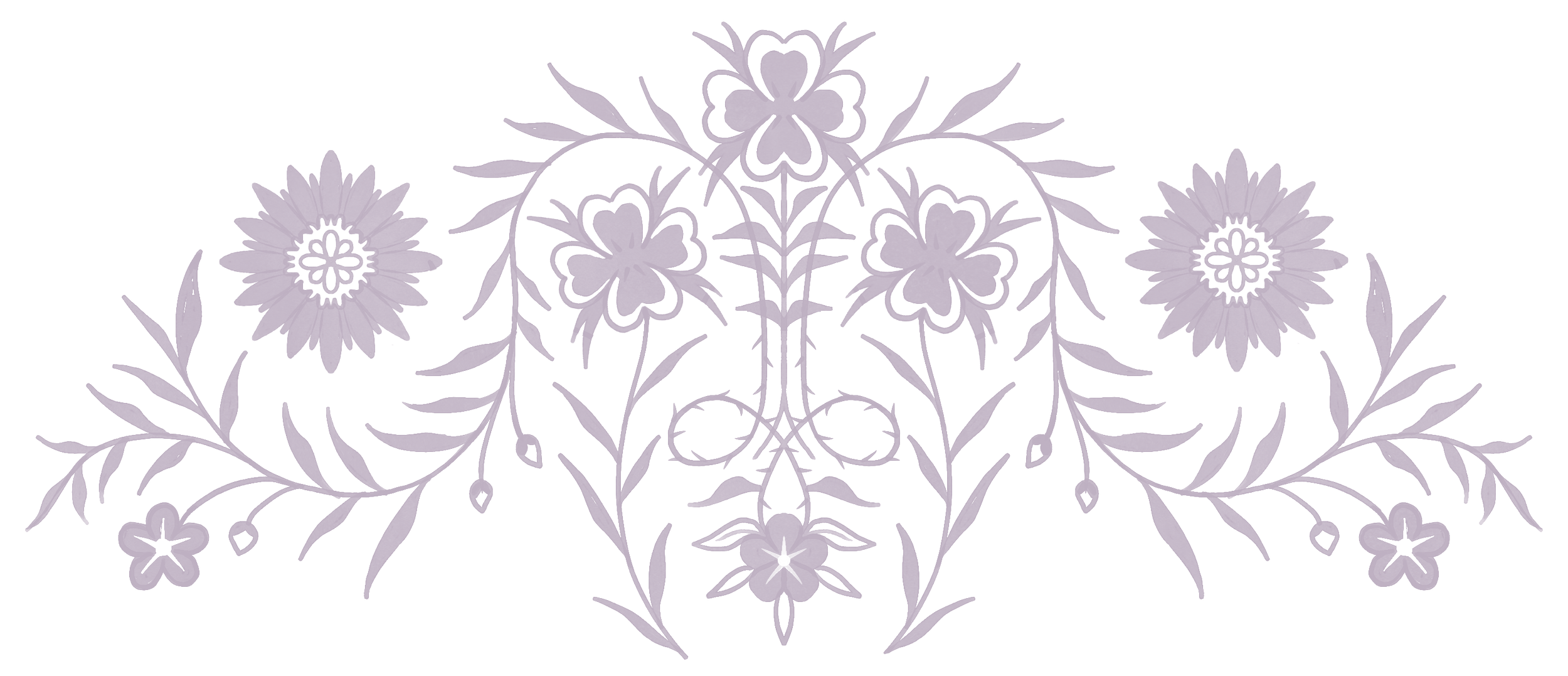 A symmetrical decorative floral pattern in lavender with various flowers, leaves, and swirls on a black background.