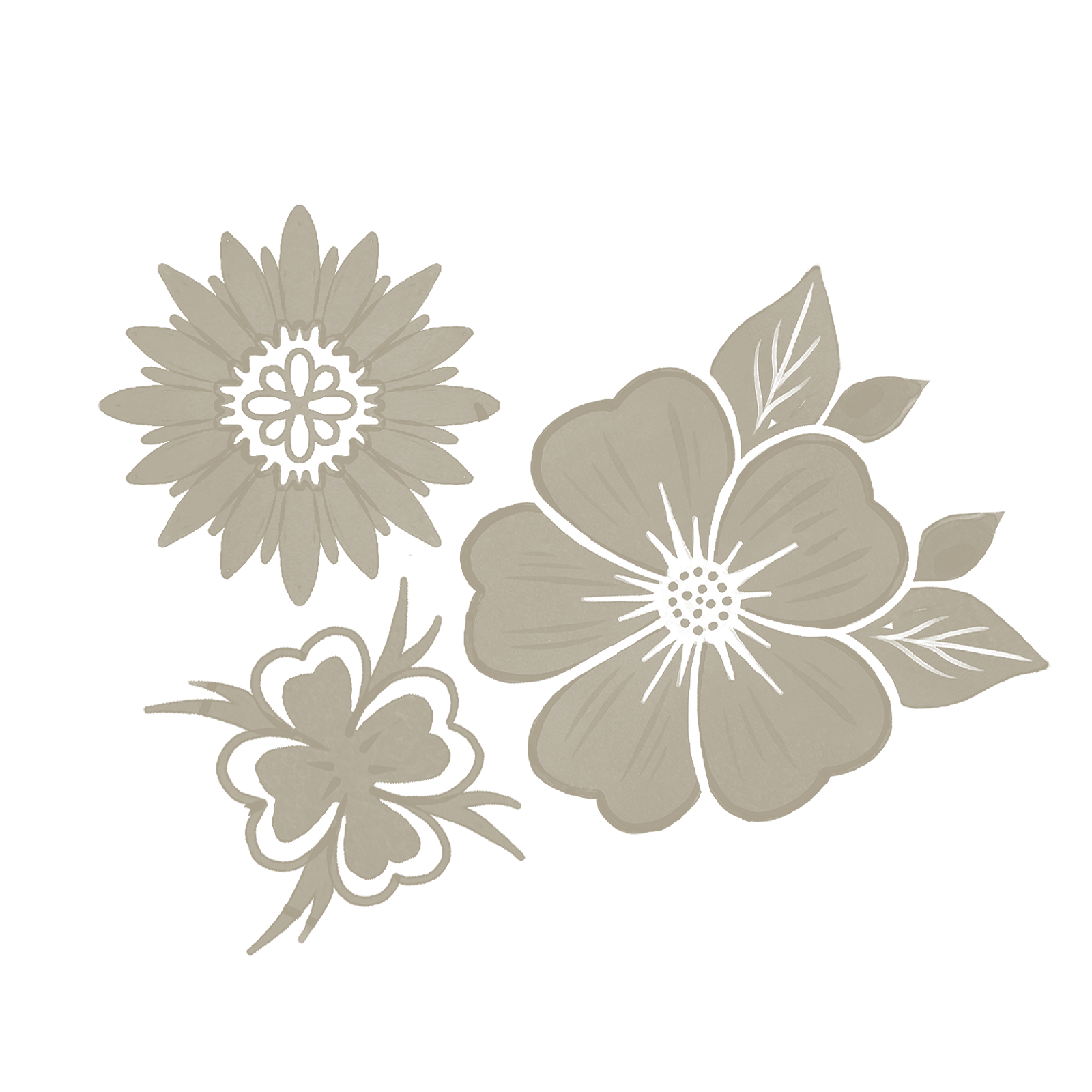Line drawing of various flowers and leaves on a black background.