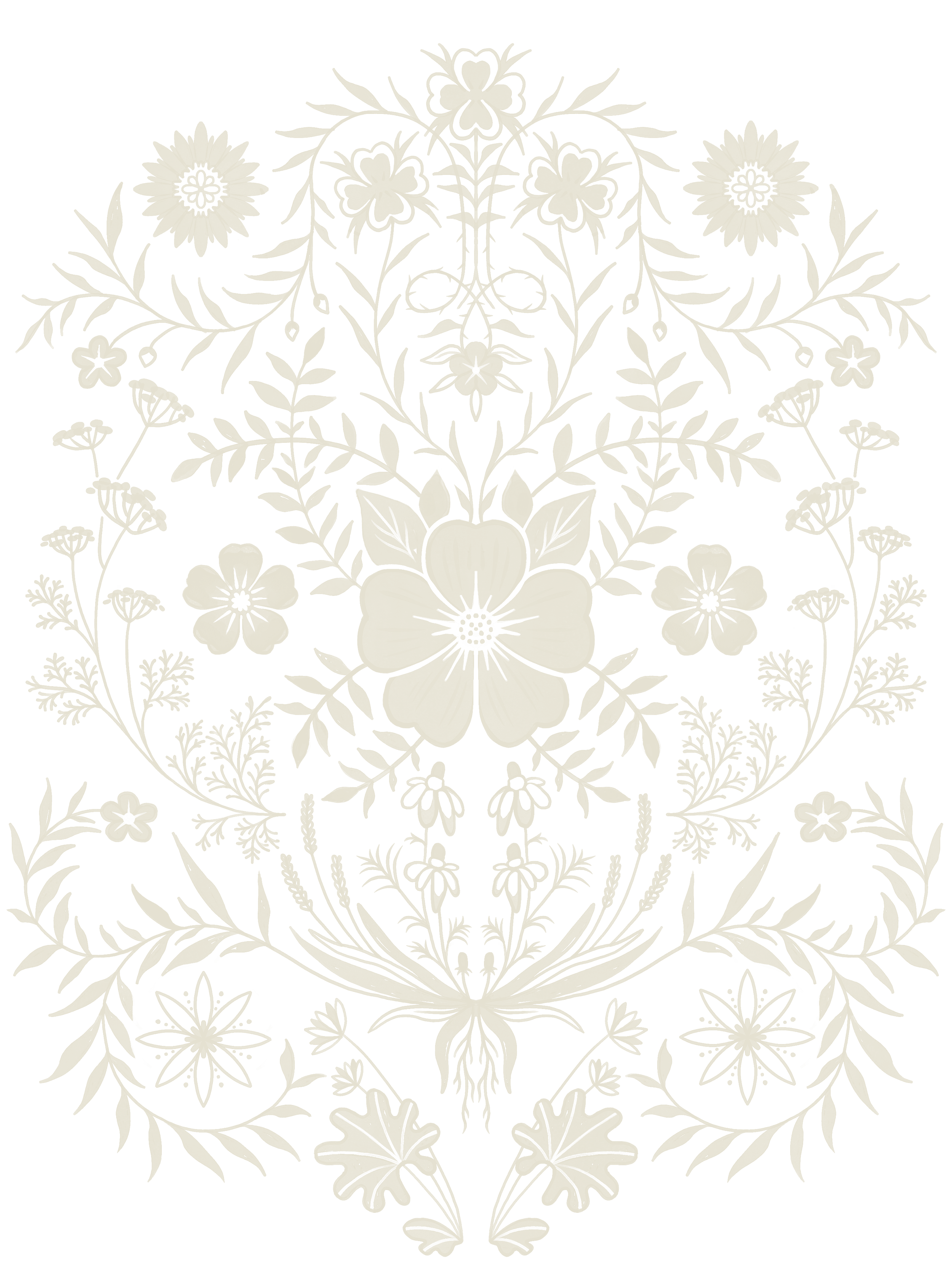 A detailed, symmetrical, floral lace pattern in beige on a black background.