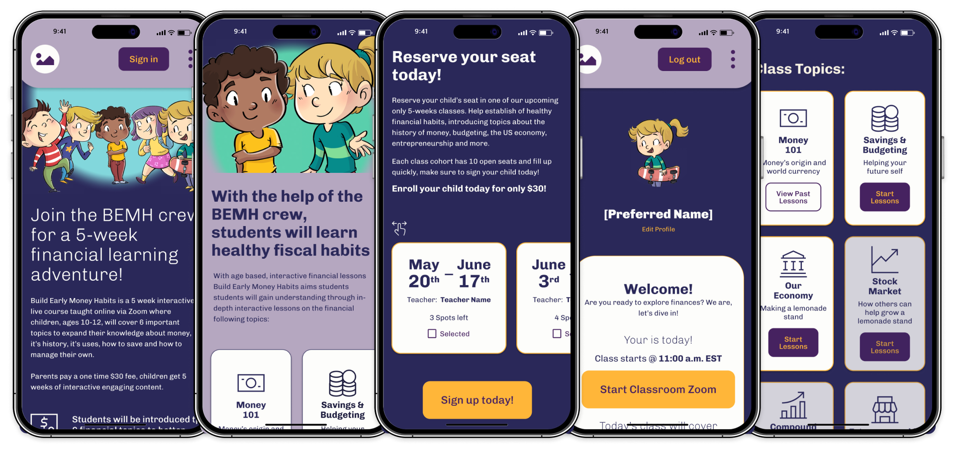 Final screens for Build Early Money Habits