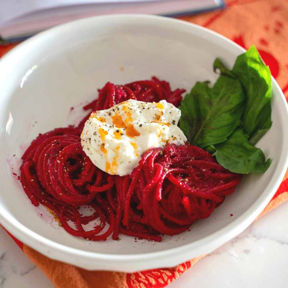 Spaghettoni with Beet Pesto, Burrata &amp; Calabrian Chili Oil