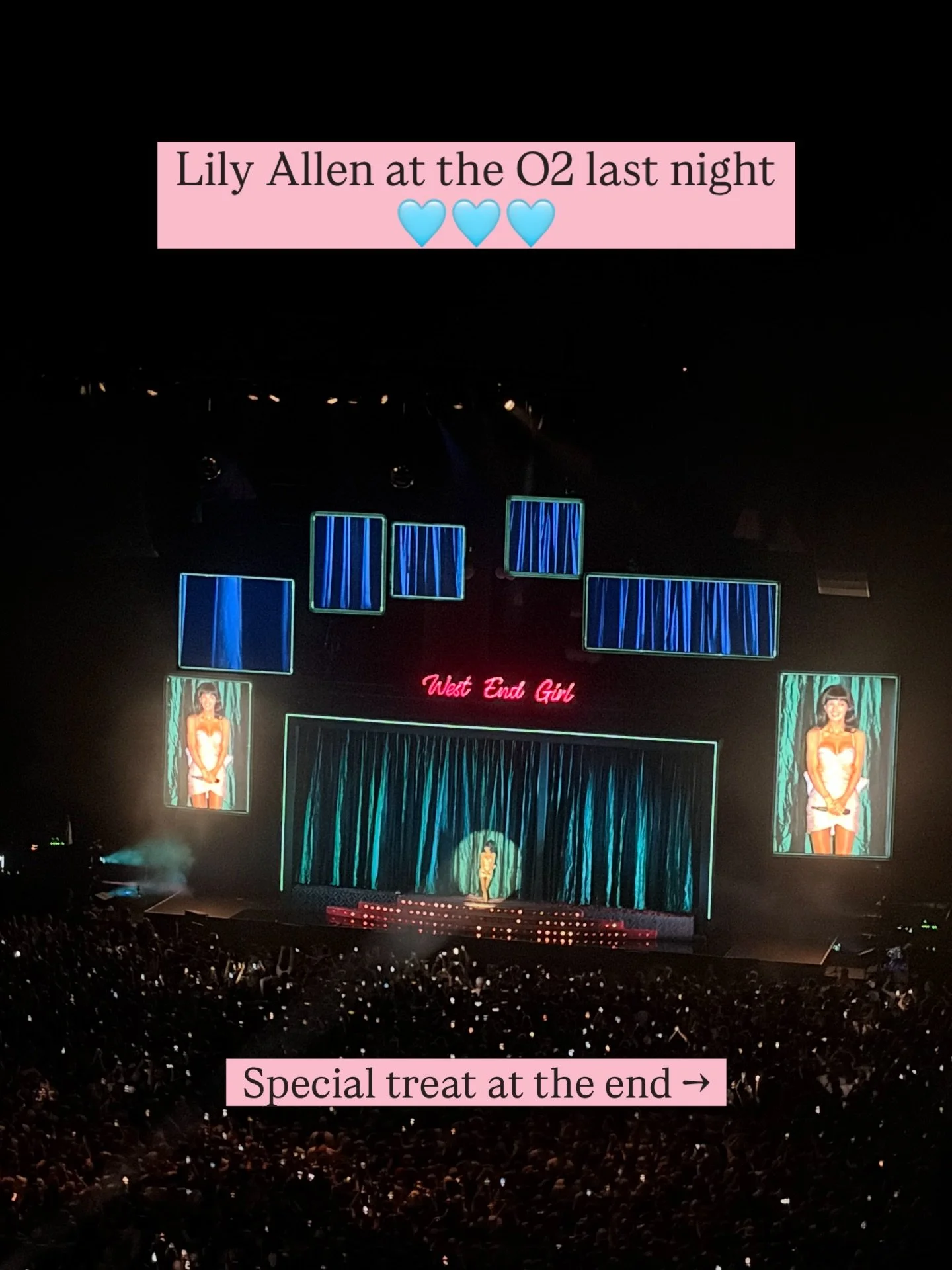 There are two types of people:

1. Those completely obsessed with West End Girl by Lily Allen

2. Those who just haven&rsquo;t listened to it yet

Incredible show last night, Lily is perfection. 🩵

I so hope she brings this show back to theatres at 