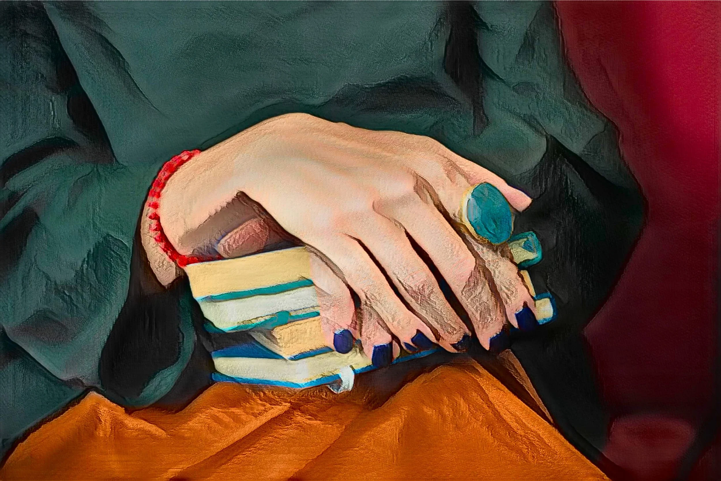 A hand with navy-blue painted nails holding a stack of books, wearing a large blue ring and a red bracelet, with a green sleeve, orange trousers and a dark red background.
