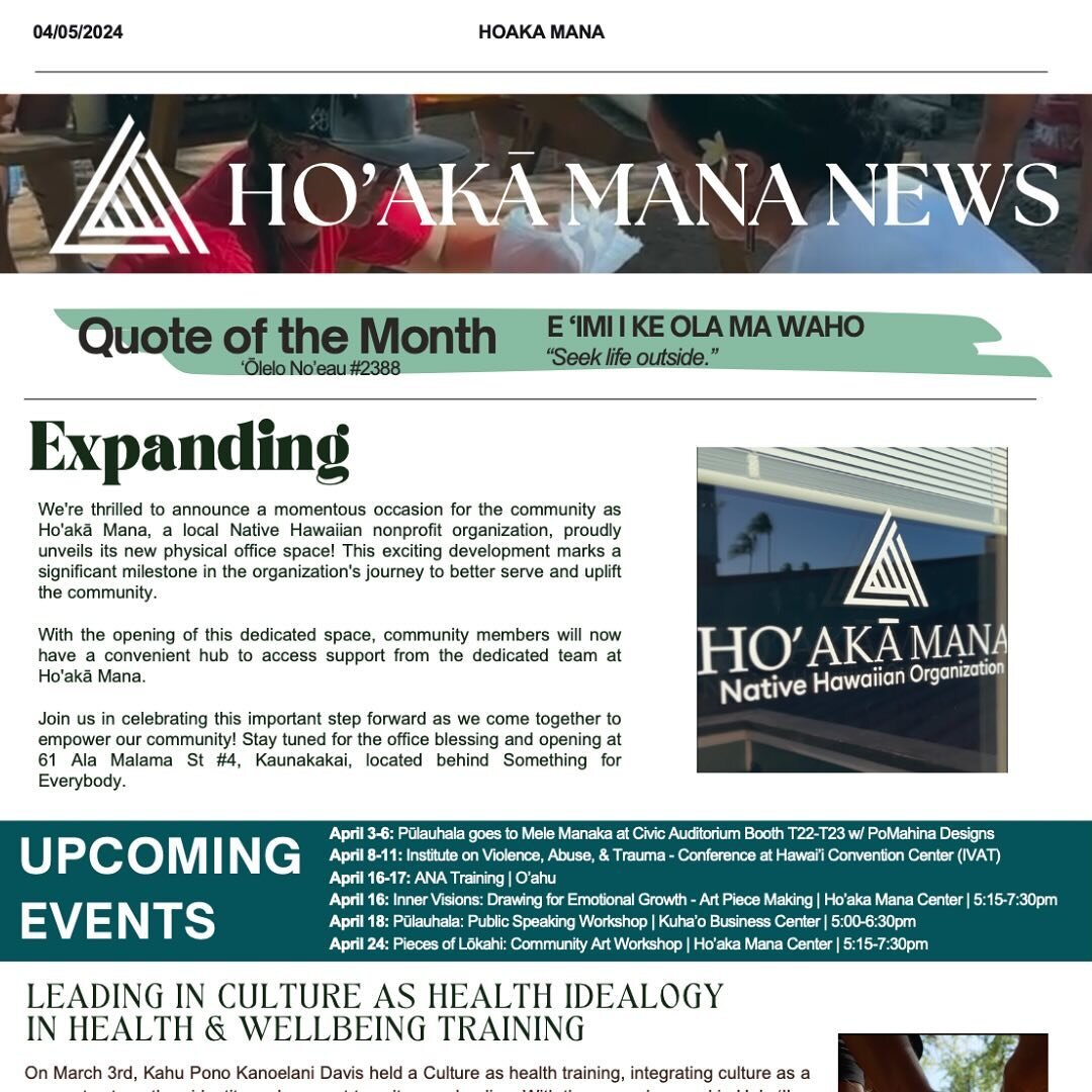 Keep your eyes peeled, our April newsletter will be hitting your inbox shortly! 📰

📩 If you want to be included in our newsletter ans receive any updates from Ho&rsquo;aka Mana, subscribe to our newsletter with the link in our bio! 

#hoakamana #na