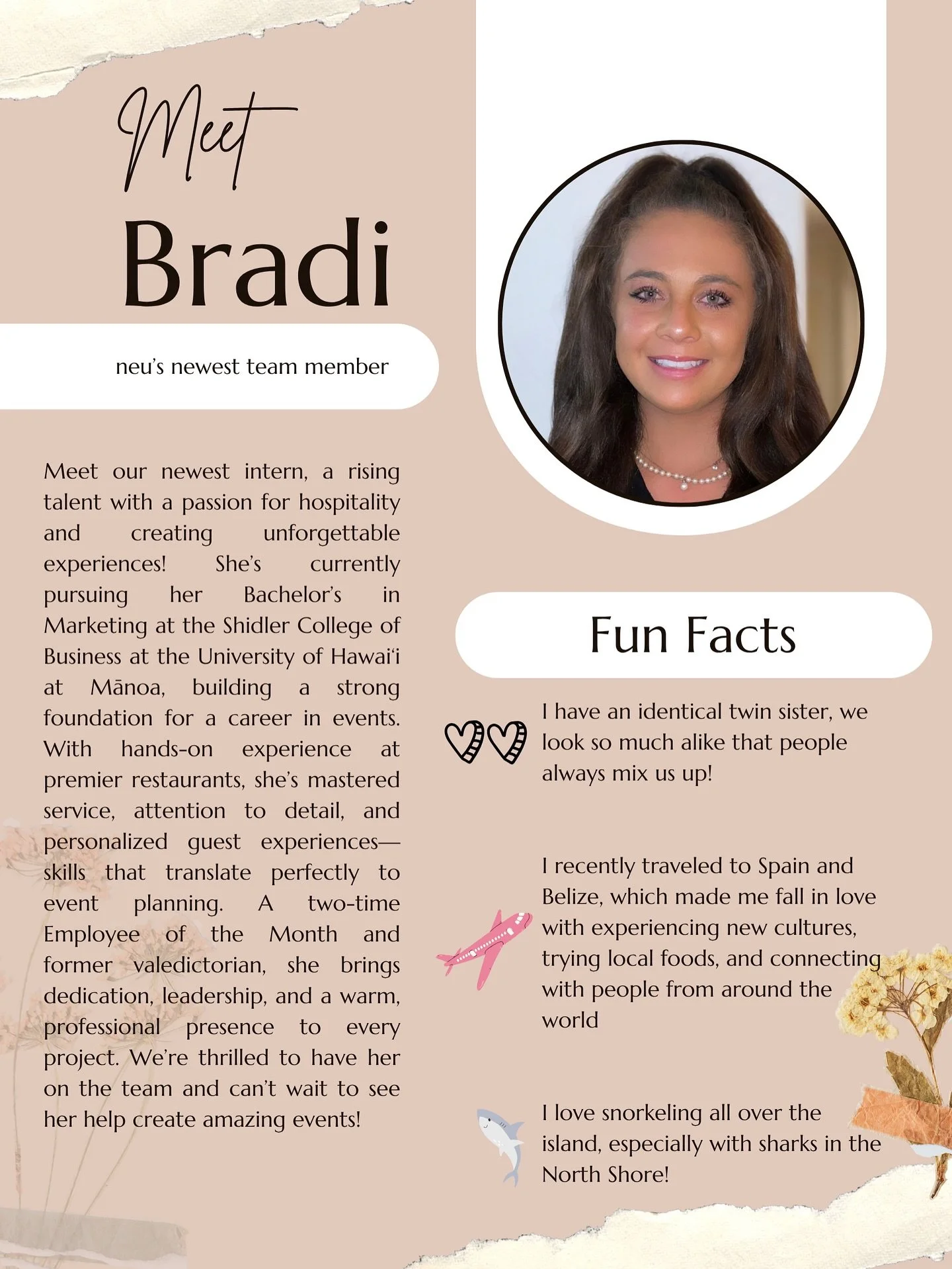 🌸 Meet our newest intern! 🌸

We&rsquo;re so excited to welcome Bradi to the team! With a background in hospitality and a genuine passion for creating unforgettable experiences, she&rsquo;s already been such a bright addition to our crew. 

In the s