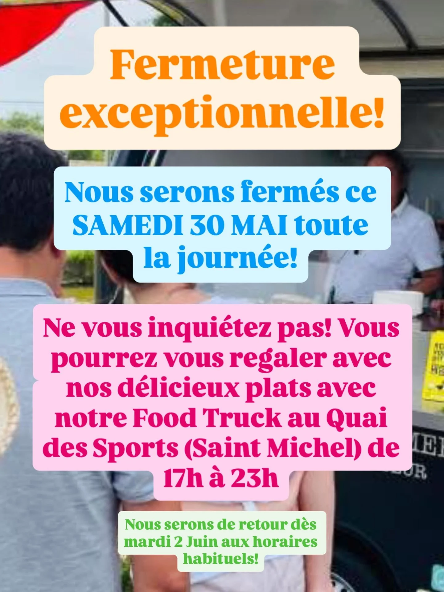 Nous serons ferm&eacute;s le 30 mai toute la journ&eacute;e! 
Mais vous pourrez retrouver notre foodtruck sur le Quai des Sports Saint Michel de 17h &agrave; 23h pour l&rsquo;after Pride organis&eacute; par @legirofard 🎉

On revient aux horaires hab