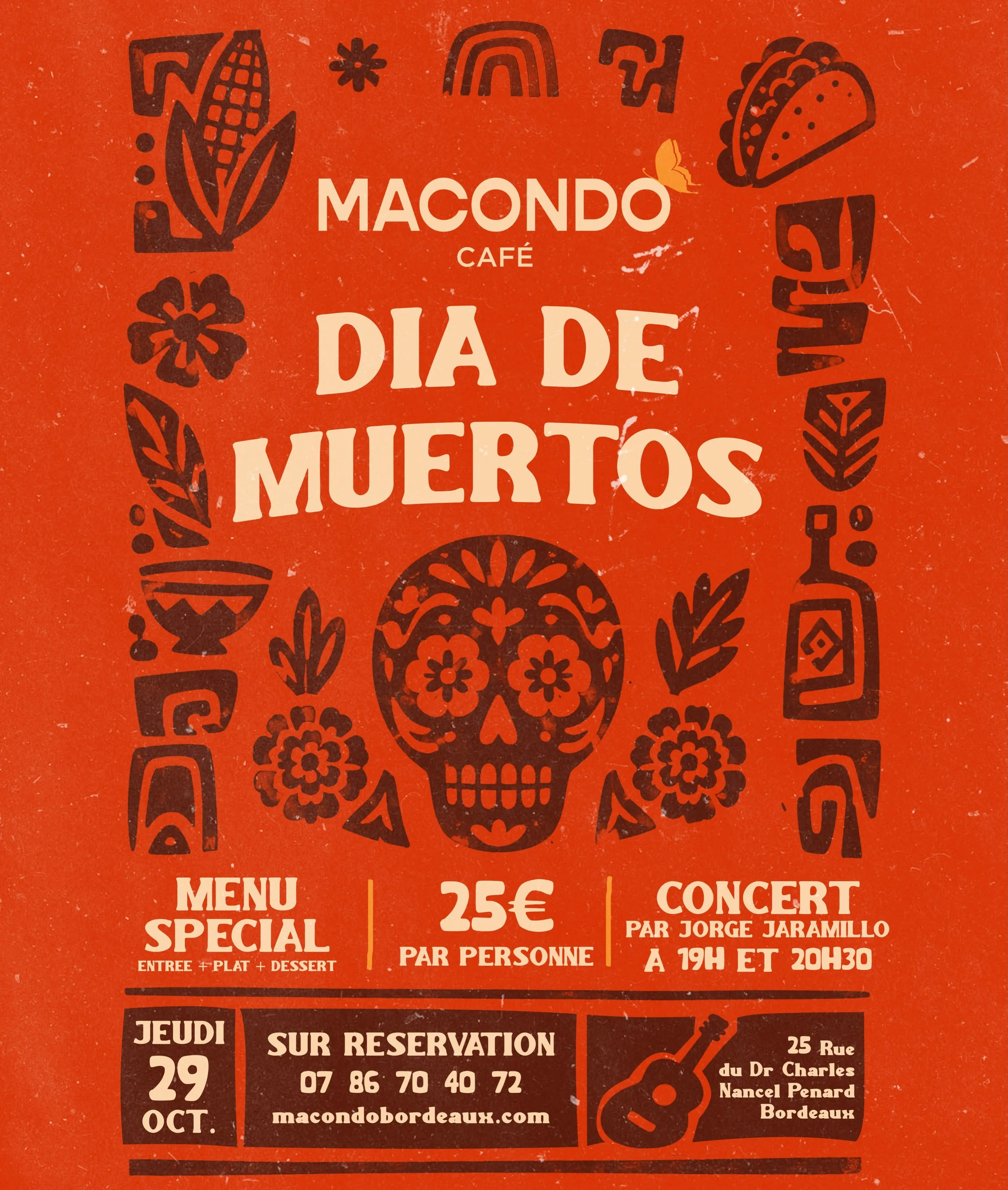 💀🌼 D&iacute;a de Muertos chez Macondo Caf&eacute; ! 🌼💀

Le jeudi 29 octobre, plongez au c&oelig;ur du Mexique avec une soir&eacute;e 100 % mexicaine 🇲🇽 : saveurs, musique et traditions seront au rendez-vous pour c&eacute;l&eacute;brer le D&iacu