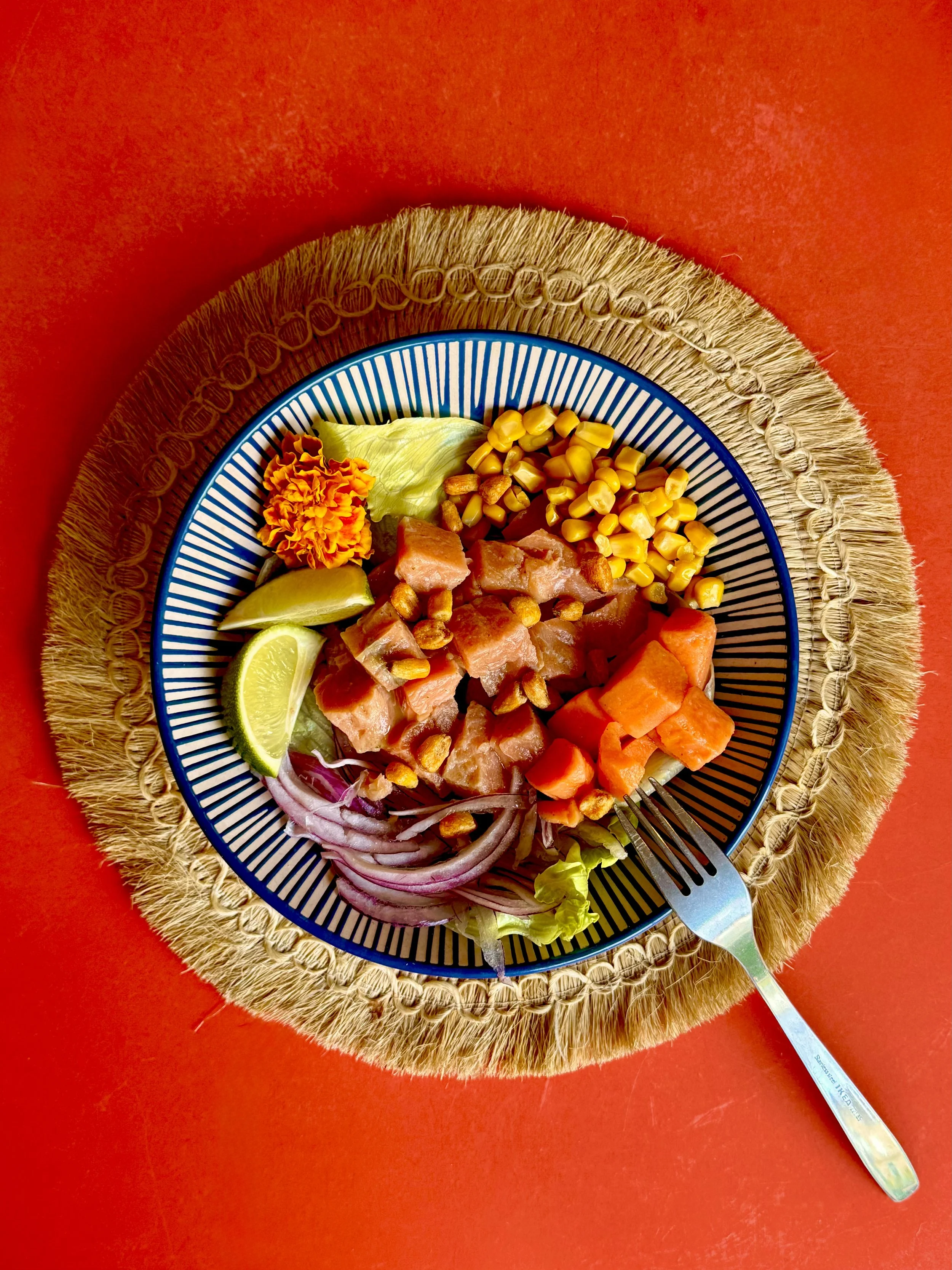 Plate de tapas avec quartiers de citron, salami, courgette, maïs, tortilla chips, oignons rouges et salade, sur un tapis de miel tressé, fond rouge.