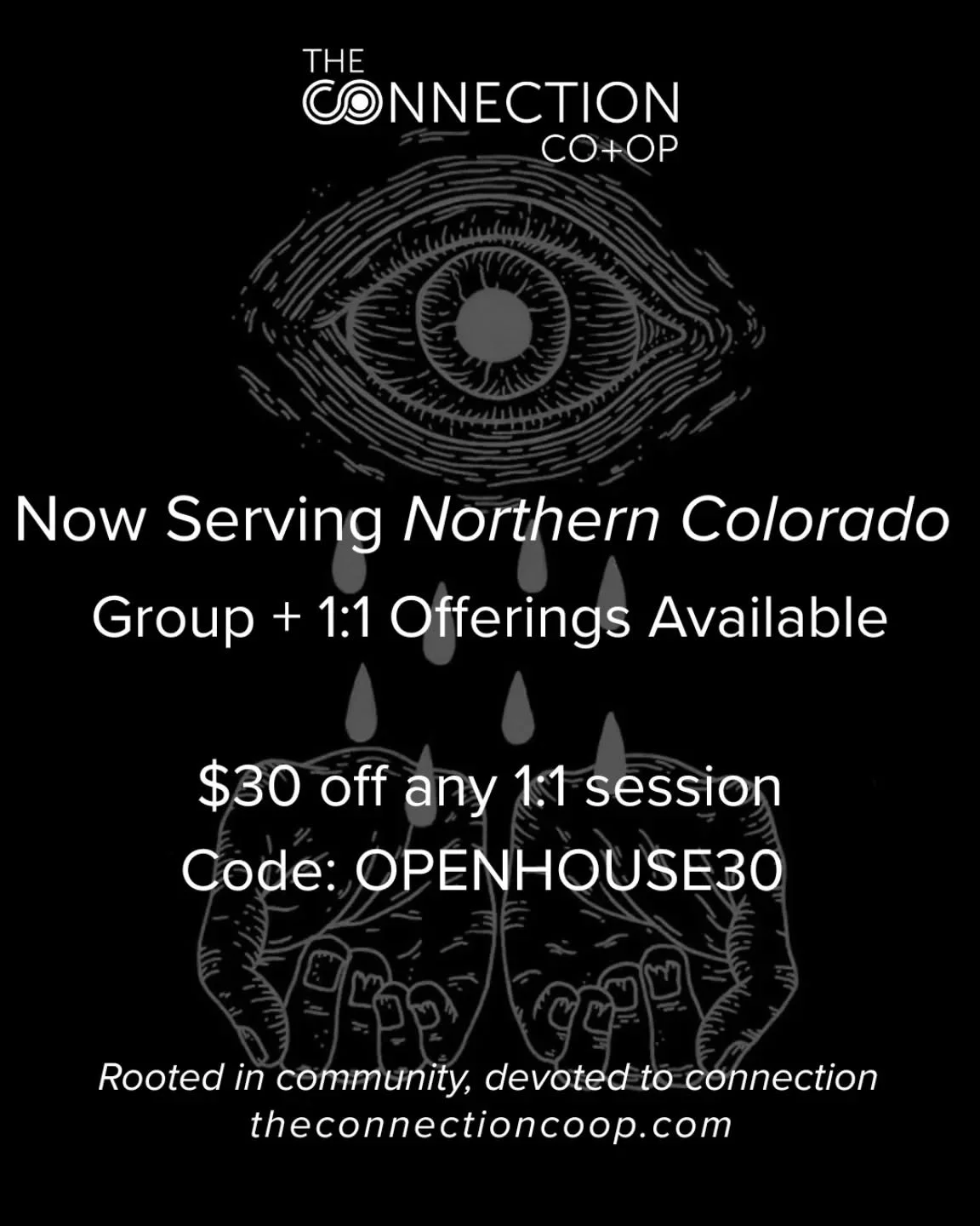 Community is medicine.

The Connection Co+Op is now open in Loveland, created as a space for those craving real connection, mindful living + deeper healing.

Here, we gather in group ceremony + community offerings that move energy through breath, yog