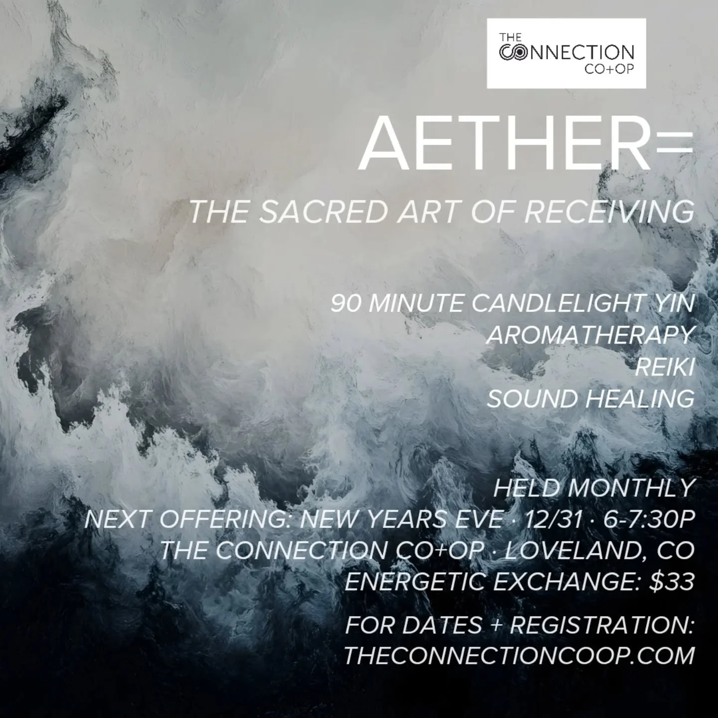 AETHER= The Sacred Art of Receiving
New Year&rsquo;s Eve | 6&ndash;7:30P

A gentle container to close the year with presence + soften into what your body has been carrying.
A space to rest without effort.
To be held in candlelight, slow movement + su