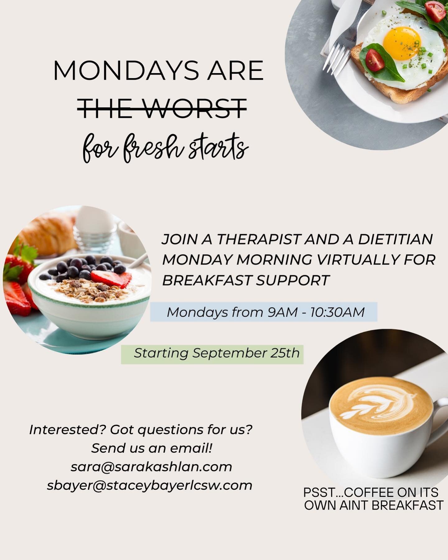 Happy Monday! I am excited to share that Sara Kashlan (ED dietitian) and I will be starting a meal support group for adults residing in CA who are in recovery from an eating disorder beginning September 25th (6-week rounds)! 

- This virtual group wi