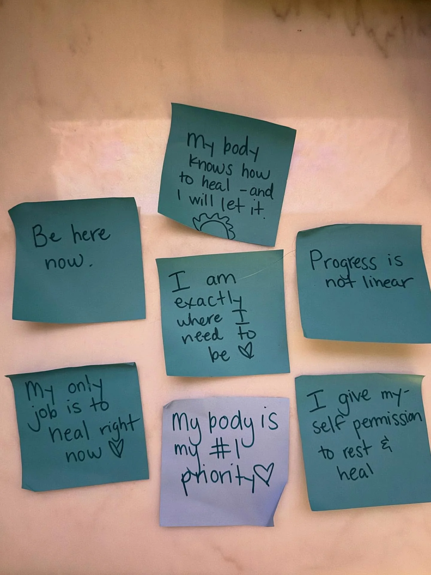After surgery, one thing that helped me most was writing small affirmation notes and keeping them by my bedside.

It&rsquo;s something we often recommend to our clients, and it works. Both anecdotally and according to research, the words we surround 