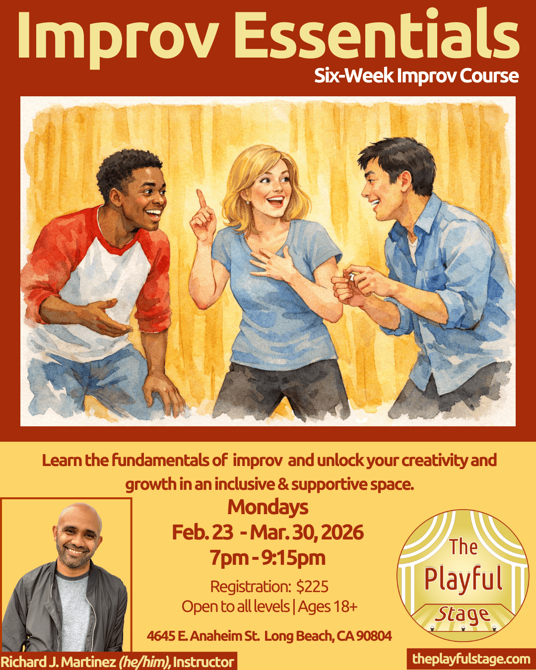 An illustrated poster advertising an improv essentials six-week course. The illustration features three people on stage laughing and engaging with each other against a yellow curtain background. The course details and instructor information are also 