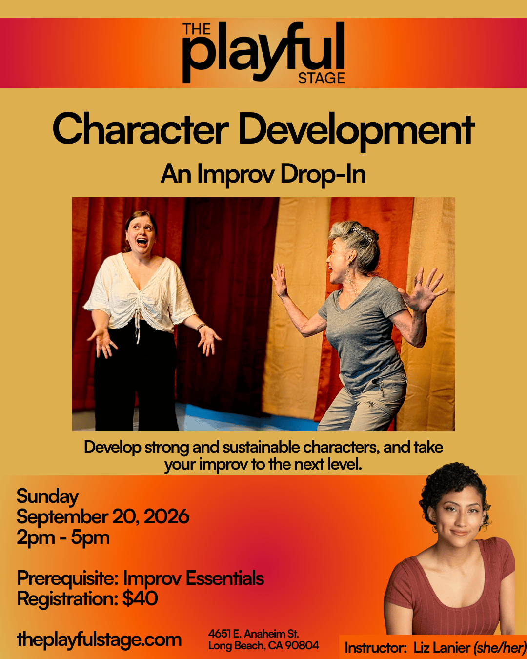 Promotional flyer for an improv drop-in class titled 'Character Development' at The Playful Stage, featuring a photo of two women performing improv on stage, with details about the date, time, prerequisites, registration fee, website, address, and instructor, Liz Lanier.