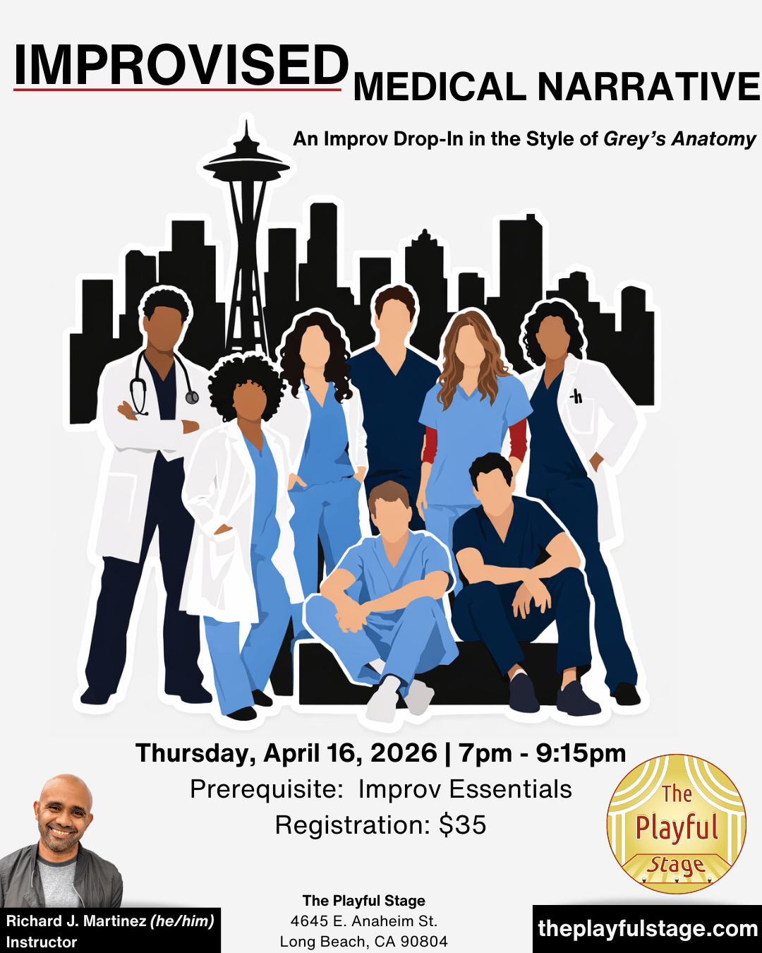 Event poster for improvised medical narrative workshop featuring diverse healthcare professionals in front of Seattle skyline, with event details and instructor photo.