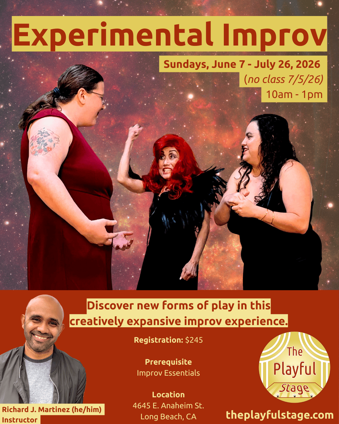 Poster for an experimental improv comedy class featuring three women performing on stage with a galaxy background. The poster includes details such as dates, times, registration cost, prerequisite, location, instructor's photo and name, and website.