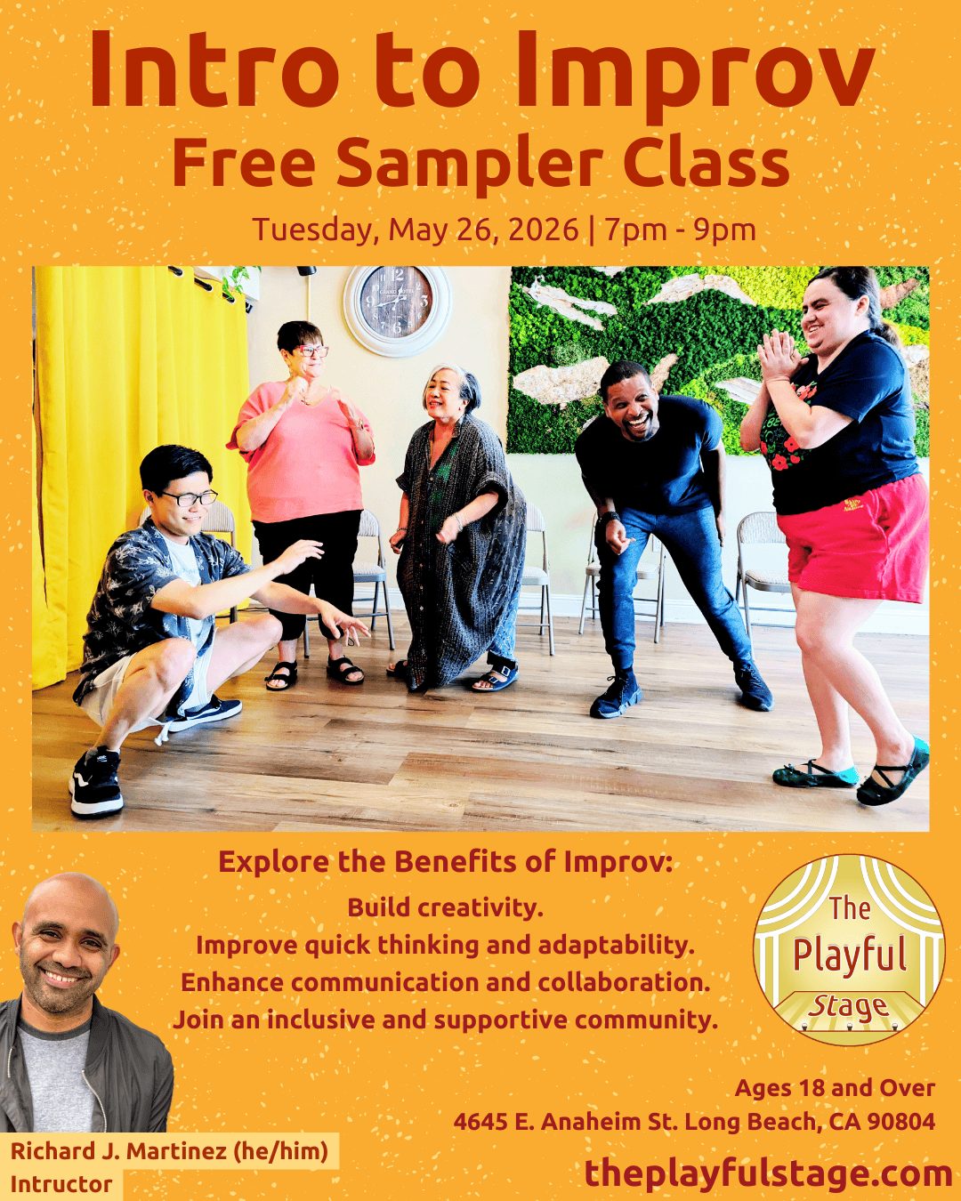 A promotional poster for a free improvisation class, showing five diverse people engaged in a playful activity indoors, with a wall clock and green artistic wall decor in the background.