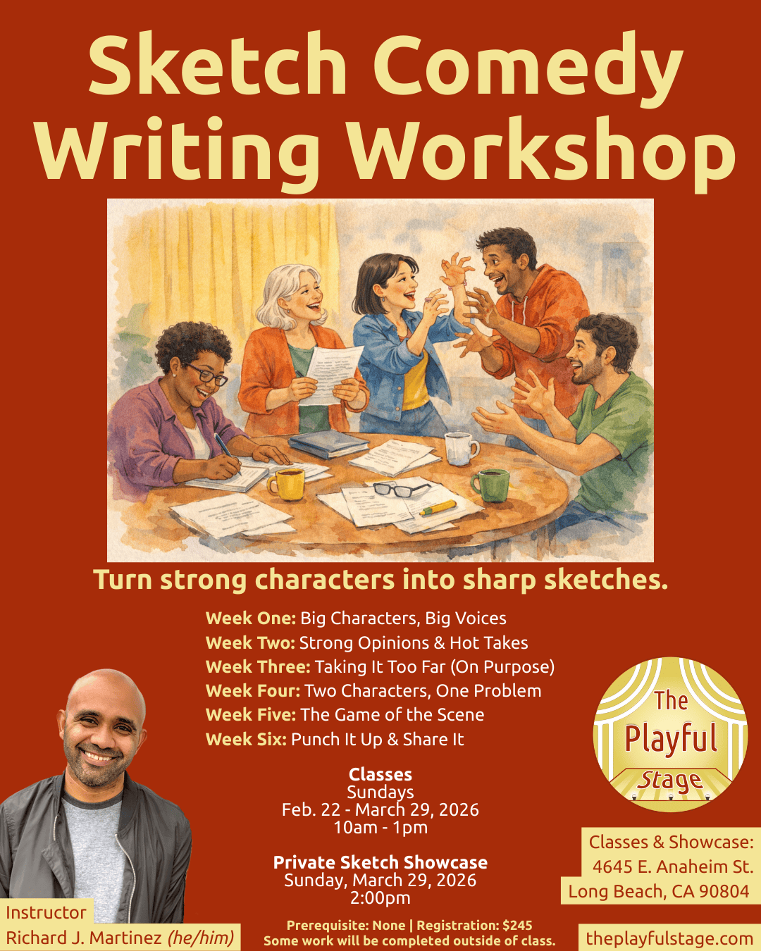 An advertisement poster for a sketch comedy writing workshop featuring an illustration of five diverse people laughing and talking around a table with papers, notebooks, and coffee cups. The workshop aims to turn strong characters into sharp sketches
