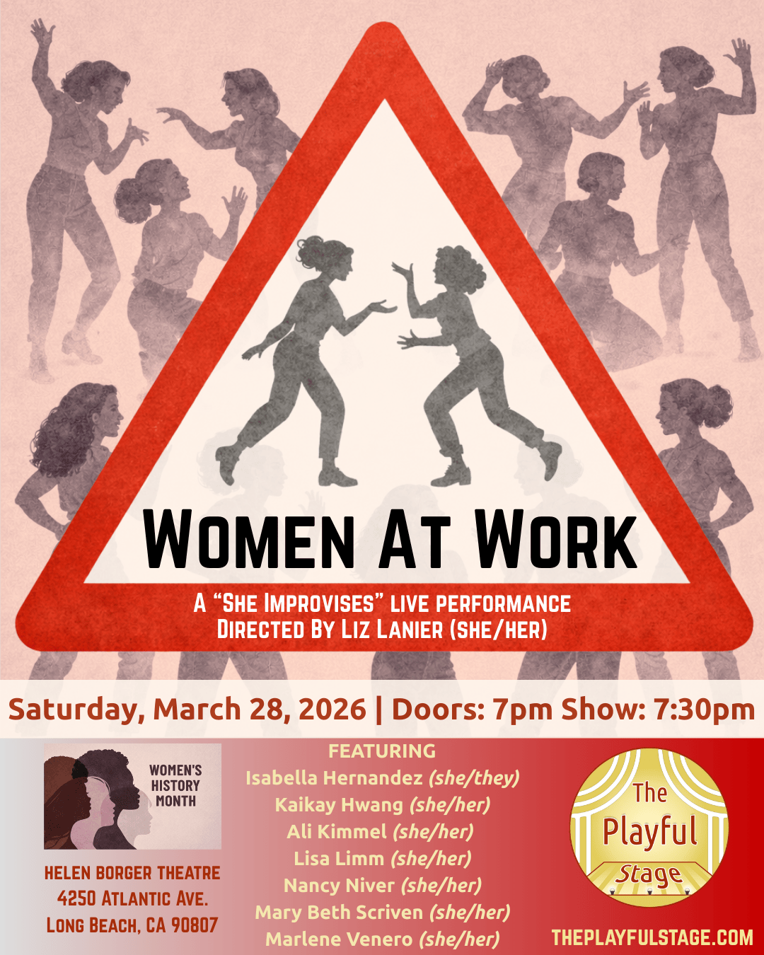 Poster for Women at Work, a live performance by She Improvise, directed by Liz Lanier, featuring multiple silhouettes of women dancing and performing, scheduled for Saturday, March 28, 2026, at Helen Borger Theatre, Long Beach, CA, with details about