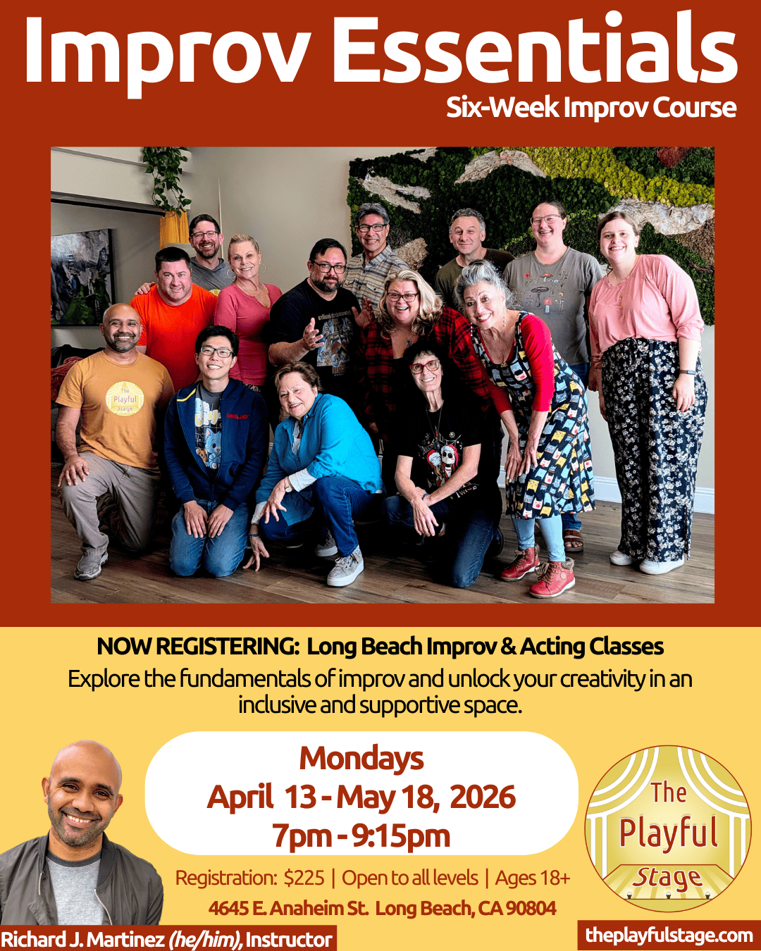 A group of people posing for a photo in a room with decorative green plant wall art behind them. The flyer advertises an eight-week improv course at The Playful Stage in Long Beach, starting April 13, 2026, on Mondays from 7 pm to 9:15 pm. It feature