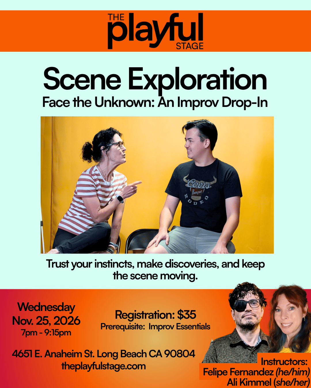 Flyer for an improv class called 'Scene Exploration: Face the Unknown' at The Playful Stage, featuring an image of two people talking during improv practice, with instructor photos and event details including date, time, location, price, prerequisiti