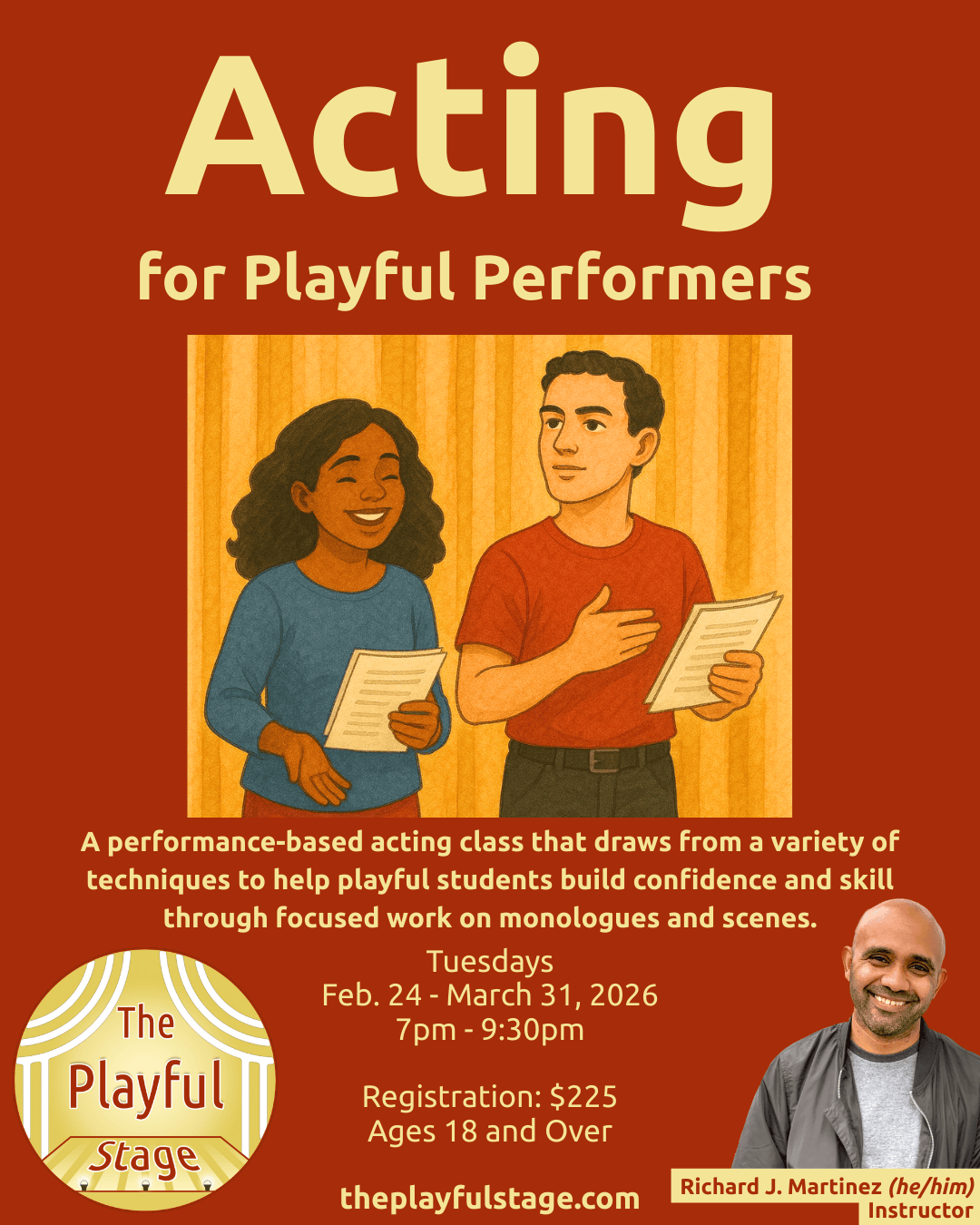 Poster for acting class titled 'Acting for Playful Performers' featuring an illustration of two people holding scripts, a woman smiling, and a man with one hand on his chest. Additional info includes class schedule, registration fee, age requirement,