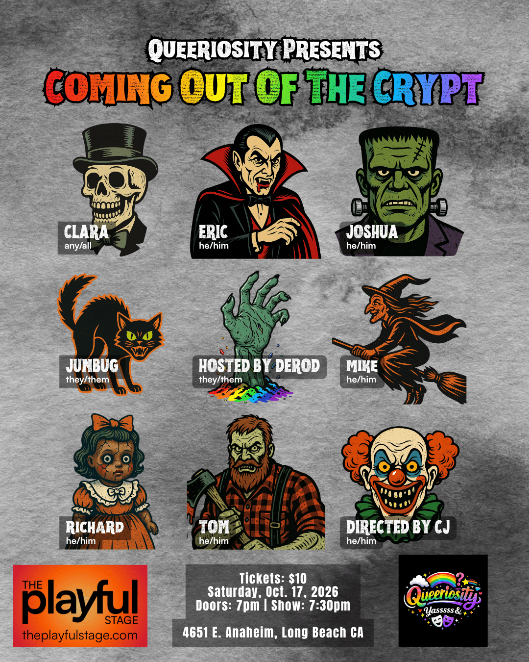 A poster for a Halloween event titled 'Coming Out of the Crypt' presented by Queeriosity. It features illustrated characters including a skeleton in a top hat, Dracula, Frankenstein's monster, a black cat, a zombie hand emerging from colorful puddles