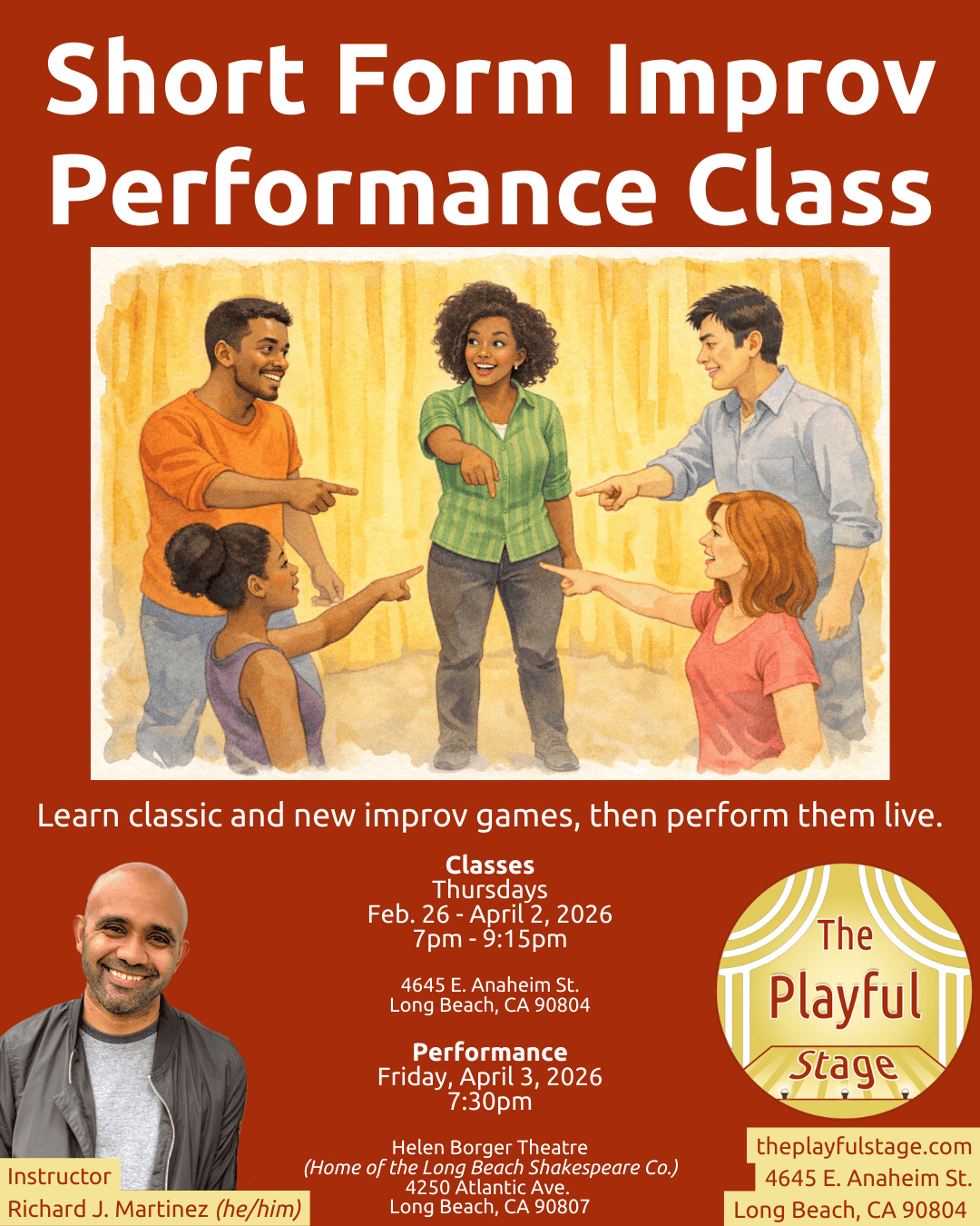 Poster for a Short Form Improv Performance Class, showing a group of five diverse people engaged in a fun improv game, pointing at each other on a stage with a yellow curtain backdrop.