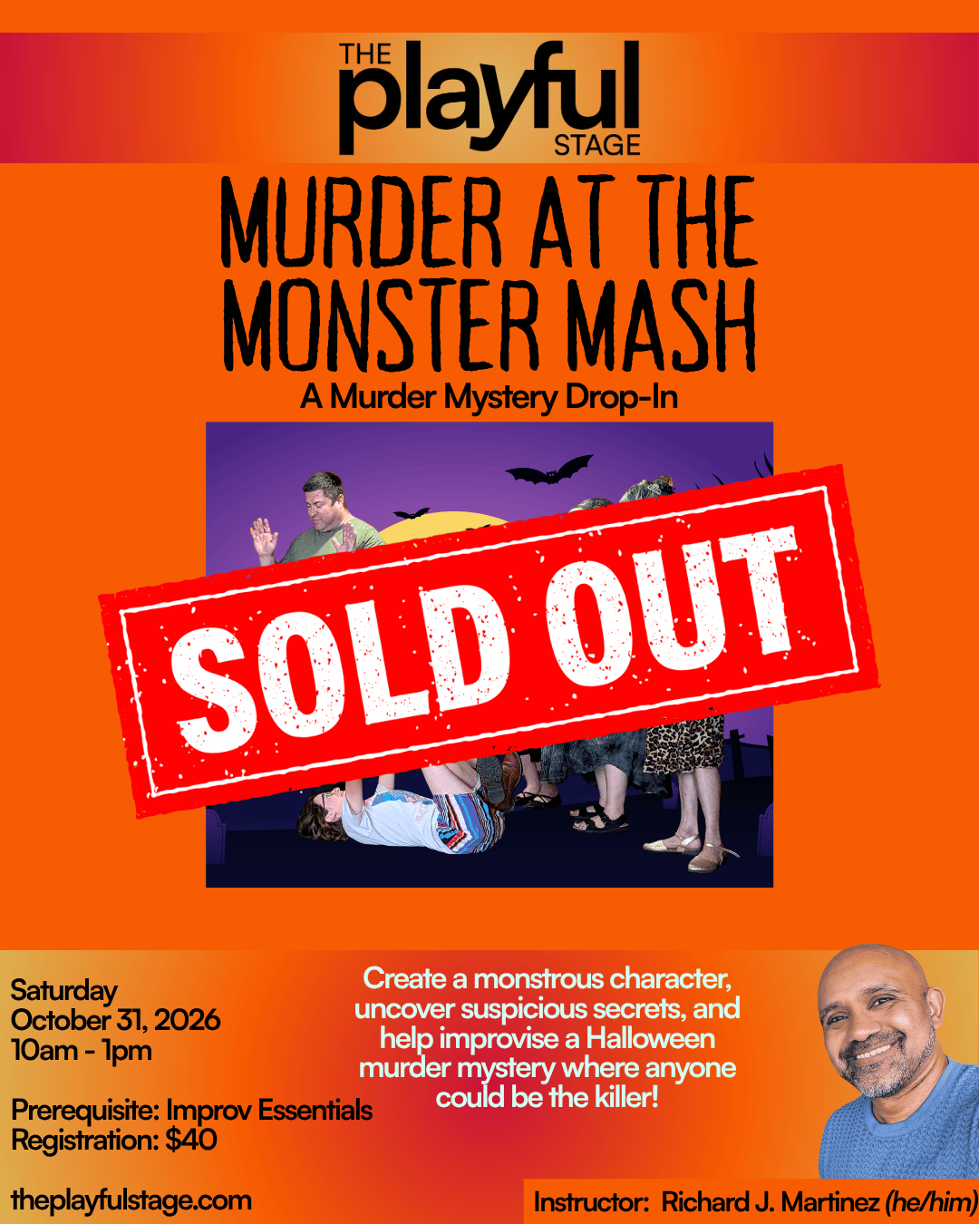 Poster for a Halloween-themed murder mystery event titled 'Murder at the Monster Mash' on October 31, 2026, at The Playful Stage. The poster features a Halloween scene with bats, a purple background, and a group of people with various costumes. A lar
